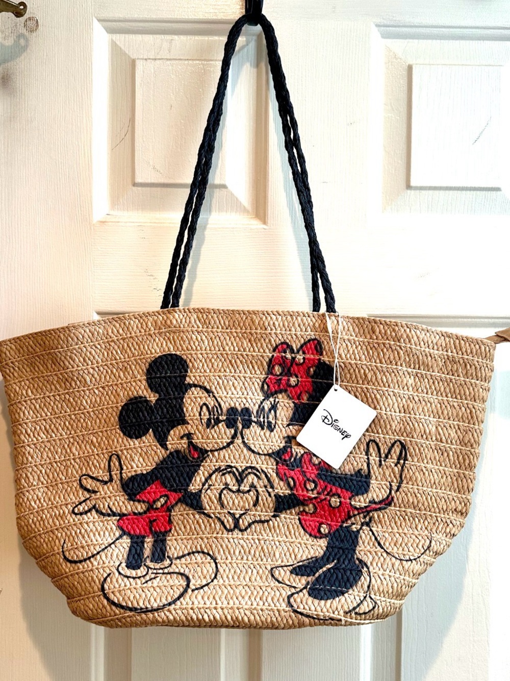 NWT Disney Straw Tote Bag with Mickey & Minnie Design - Natural/Tan-Retail $75